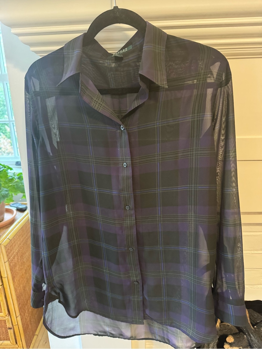 Ralph Lauren Purple Plaid Long Sheer Blouse